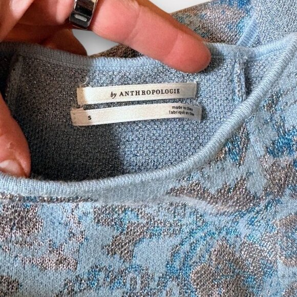 Anthropologie Mock-Neck Sweater Small Silver Metallic Blue Paisley Winter Retro - Picture 3 of 8